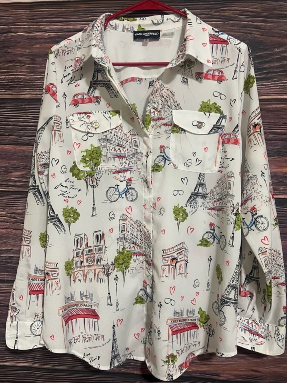 Karl Lagerfeld White Paris Sketch Button-Front Shirt with Red and Green Accents - Picture 2 of 9